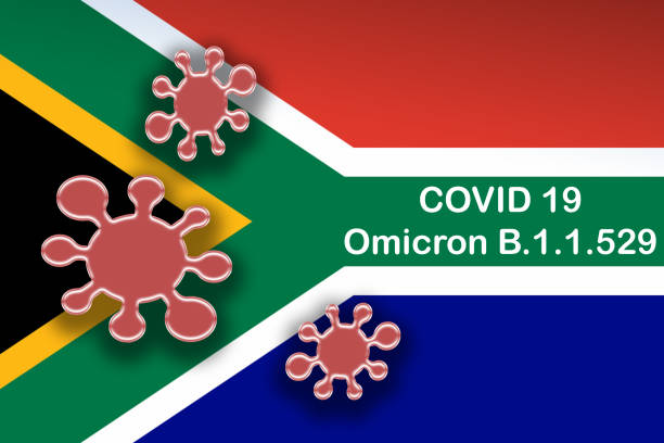 ilustraciones, imágenes clip art, dibujos animados e iconos de stock de nueva variante de covid-19 b.1.1.529 (omicron) símbolo del coronavirus y escrito con la bandera de sudáfrica en el fondo. - south africa covid
