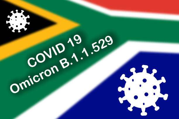 ilustraciones, imágenes clip art, dibujos animados e iconos de stock de nueva variante de covid-19 b.1.1.529 (omicron) símbolo del coronavirus y escrito con la bandera de sudáfrica en el fondo. - south africa covid