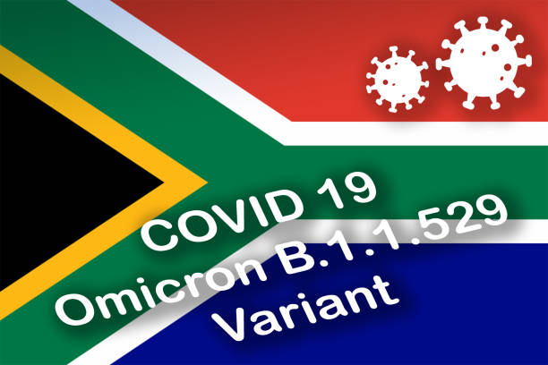 stockillustraties, clipart, cartoons en iconen met new covid-19 variant b.1.1.529 (omicron) coronavirus symbol and written with the flag of south africa in the background. - south afrika covid