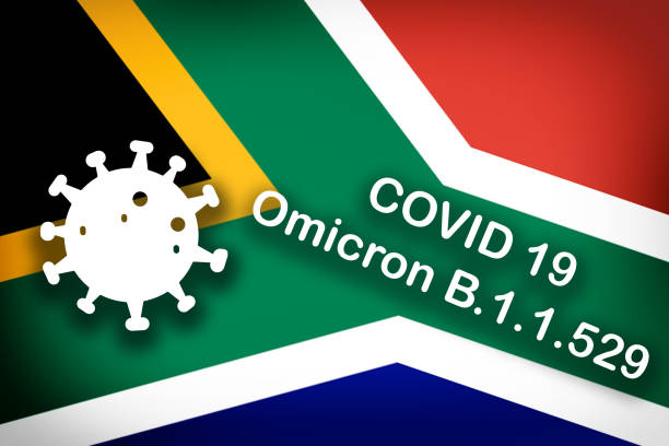 ilustraciones, imágenes clip art, dibujos animados e iconos de stock de nueva variante de covid-19 b.1.1.529 (omicron) símbolo del coronavirus y escrito con la bandera de sudáfrica en el fondo. - omicron