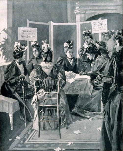 New York City Woman Suffrage Movement, 1894 Vintage illustration shows leaders in the women's suffrage movement in New York City securing signatures for petitions to be presented to the constitutional convention. voting rights stock illustrations