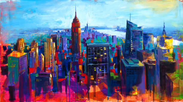 New York Colorful abstract acrylic painting a view over New York new york city stock illustrations