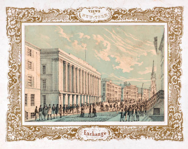 New York Stock Exchange Vintage illustration of the New York Stock Exchange, circa 1850. wall street stock illustrations