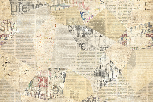 Newspaper paper grunge aged newsprint pattern background. Vintage old newspapers template texture. Unreadable news horizontal page with place for text, images. Sepia yellow brown art collage.