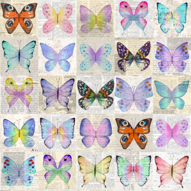 Newspaper seamless pattern with old vintage unreadable paper texture background Paper grunge newsprint seamless pattern with colorful watercolor butterflies. Retro style background with newspapers in patchwork style. Vintage art collage. Print for textile, wallpaper, wrapping. butterfly garden stock illustrations