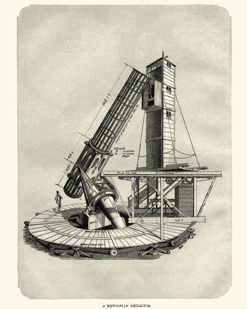 Newtonian telescope (Reflector), 1870 Vintage engraving of a Newtonian telescope (Reflector), 1870. The Newtonian telescope is a type of reflecting telescope invented by the British scientist Sir Isaac Newton (1642–1727), using a concave primary mirror and a flat diagonal secondary mirror. isaac newton stock illustrations