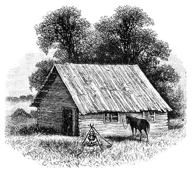 Nineteenth century homestead on the Canadian prairie A simple wooden cabin in the Canadian prairie with the homesteader standing in the door and his horse tethered outside. A cooking pot hangs over a camp-fire. From “Sunday at Home - A Family Magazine for Sabbath reading, 1883”, published by the Religious Tract Society, London. canadian culture illustrations stock illustrations