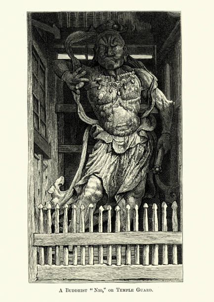 ilustraciones, imágenes clip art, dibujos animados e iconos de stock de estatua de nio, guardián del templo buddista, japón, siglo 19 - ni��o