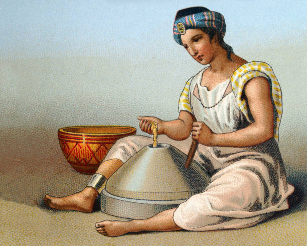 North African woman milling grain with a millstone, 19th Century Vintage illustration of North African woman milling grain with a millstone, 19th Century tunisia woman stock illustrations