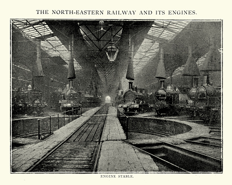 Vintage engraving of the engine stable of the North Easten Railway Factory, 1892