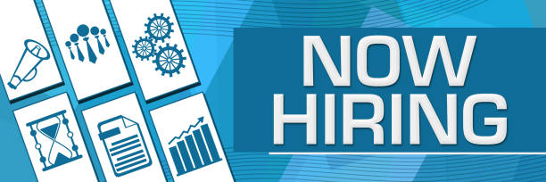 Now Hiring Random Shapes Blue Business Symbols Background Now hiring concept image with text and business symbols. interview background stock illustrations