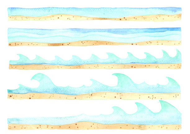 Ocean wave and sand beach border watercolor for decoration on summer holiday event. Ocean wave and sand beach border watercolor for decoration on summer holiday event. beach borders stock illustrations