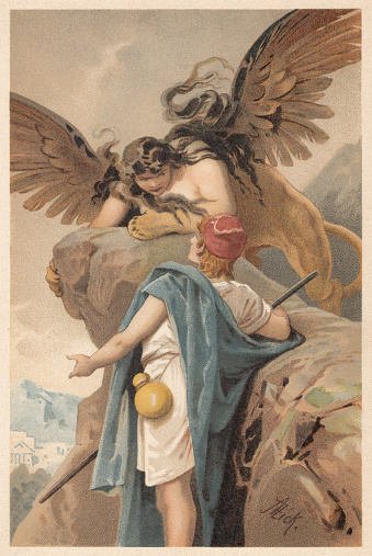 Edipo y la esfinge, la mitología griega, litografía, publicado en 1897 - Ilustración de stock...