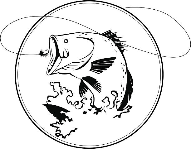 off the hook illustration of a bass fish jumping after a hook bass fish jumping stock illustrations