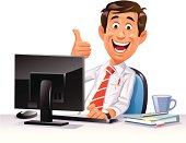 "A young happy office worker at his computer gesturing thumb up, isolated on white. EPS 8, fully editable and labeled in layers."