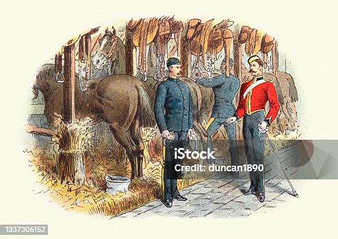 istock Officer inspecting soldiers in cavalry stables, Victorian British Military 19th Century 1337306152