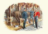 istock Officer inspecting soldiers in cavalry stables, Victorian British Military 19th Century 1337306152