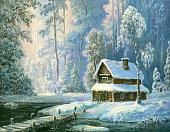 istock Oil painted hut in winter forest 1069936470