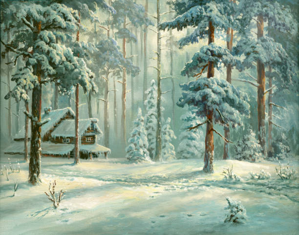 oil painted winter forest vector art illustration
