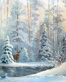 istock Oil painted winter forest 1066439624
