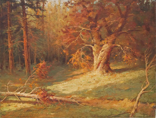 Oil painting - Deep forest Oil painting showing a deep forest on a sunny autumn day. landscape painting stock illustrations