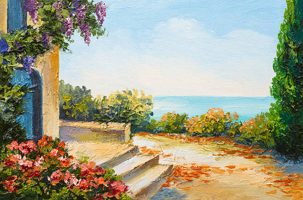 oil painting - house near the sea, colorful flowers, summer oil painting - house near the sea, colorful flowers, summer seascape airbnb stock illustrations