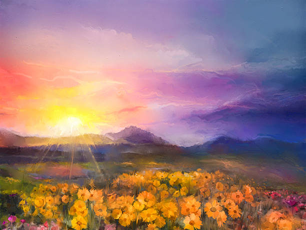 Oil painting yellow- golden daisy flowers in fields Oil painting yellow- golden daisy flowers in fields. Sunset meadow landscape with wildflower, hill and sky in orange and blue violet color background. Hand Paint summer floral Impressionist style landscape painting stock illustrations