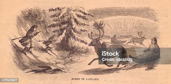 istock Old, Black and White Illustration of Scene in Lapland,1800's 471423617