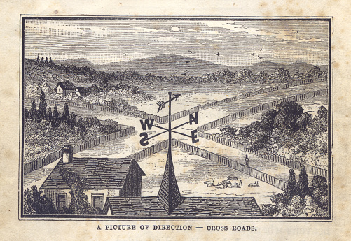 Vintage black and white illustration of the cross roads of a town, from 1881.