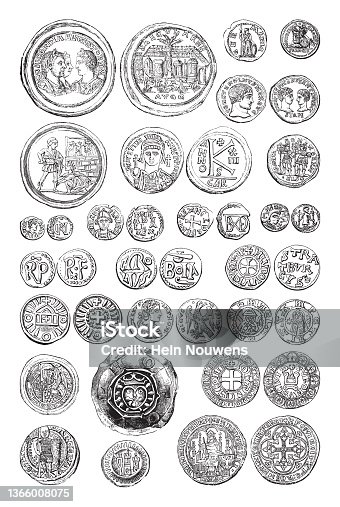 istock Old coin collection - byzantine empire and early middle ages period / vintage illustration 1366008075