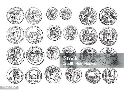 istock Old coin collection - roman period / vintage illustration 1366008051
