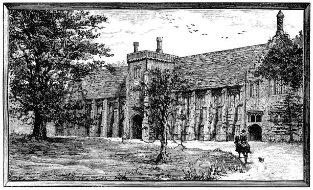 bildbanksillustrationer, clip art samt tecknat material och ikoner med old palace på hatfield house i hatfield, england - 1800-talet - hatfield