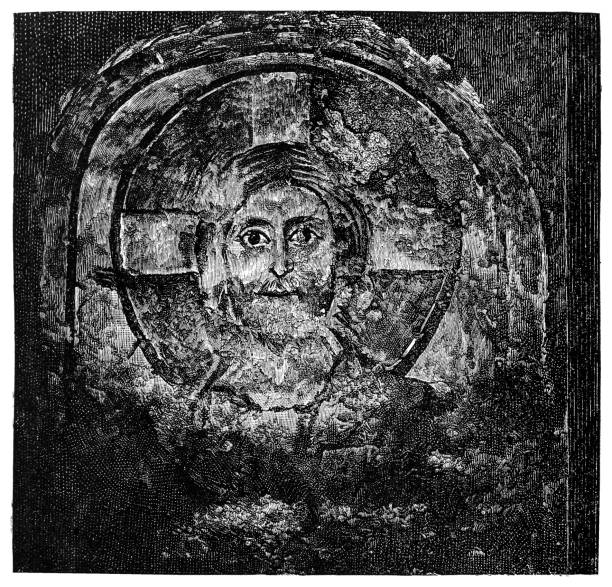 ilustrações de stock, clip art, desenhos animados e ícones de one of the oldest images of christ in the roman catacombs. baptistery of the holy pontianus - pope