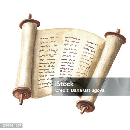 istock Open Torah scroll with the text of the Bible, the Pentateuch of Moses, the totality of the Jewish traditional religious law. Hand drawn watercolor illustration, isolated on white background 1299964297