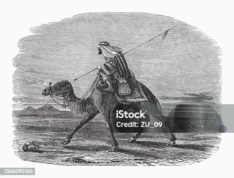 istock Oriental postman riding a camel, wood engraving, published in 1862 1366595166