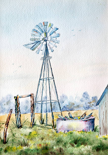 Original Art Windmill and Barn vector art illustration