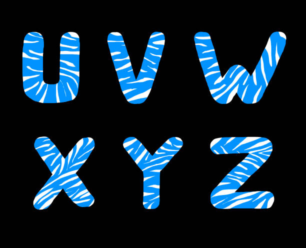 Original blue letters with white stripes on black background Set of funny blue letters with abstract pattern of white stripes like tiger skin u, v, w, x, y, z drawing of a fancy letter v stock illustrations