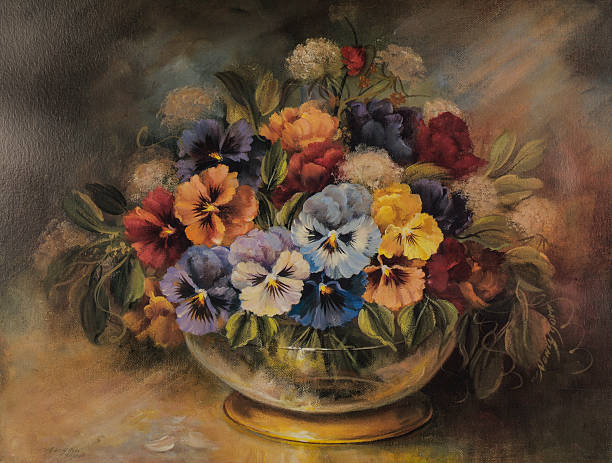 bildbanksillustrationer, clip art samt tecknat material och ikoner med original oil painting of colorful flower arrangement in gold bowl - stilleben