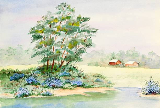 Original watercolor Art painting Rural Scene vector art illustration