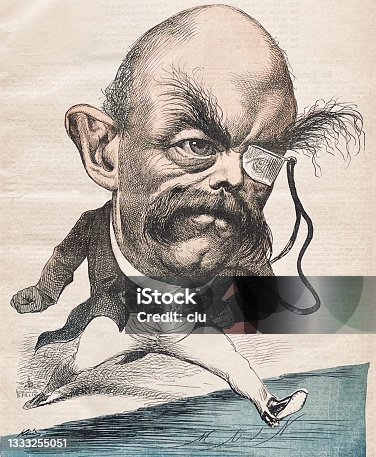 istock Otto von Bismarck caricature:  jumping from Berlin into the world with one big step 1333255051