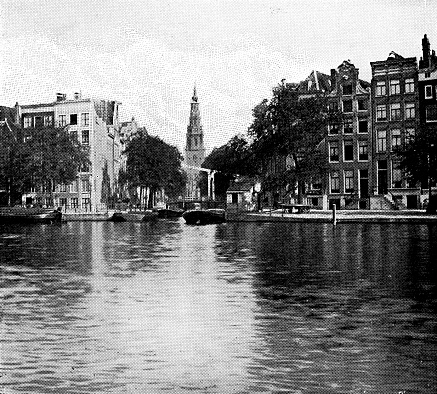 The Oudezijds Voorburgwal canal in Amsterdam, Netherlands. Vintage halftone etching circa 19th century.