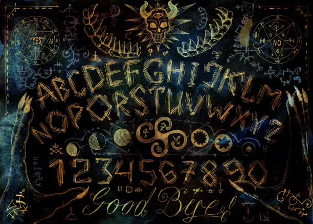 Ouija magic spiritual board design with evil face, letters and hands on grunge texture background Ouija magic spiritual board design with evil face, letters and hands on grunge texture background. Esoteric, occult and sacred geometry illustration with mystic and gothic symbols ouija board stock illustrations