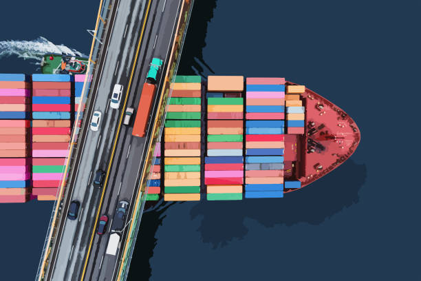 ilustrações de stock, clip art, desenhos animados e ícones de outbound container ship - aerial container ship