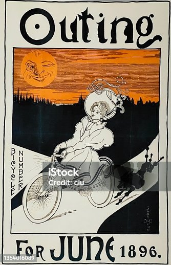 istock Outing magazine title June 1896: A woman rides a bicycle with a dog running behind her. A full moon winks from the sky. 1354016089
