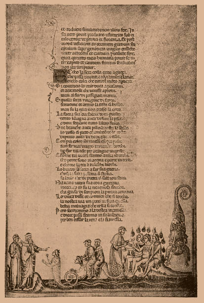 stockillustraties, clipart, cartoons en iconen met pagina uit een geïllustreerd dante manuscript uit de 14e eeuw - dante alighieri