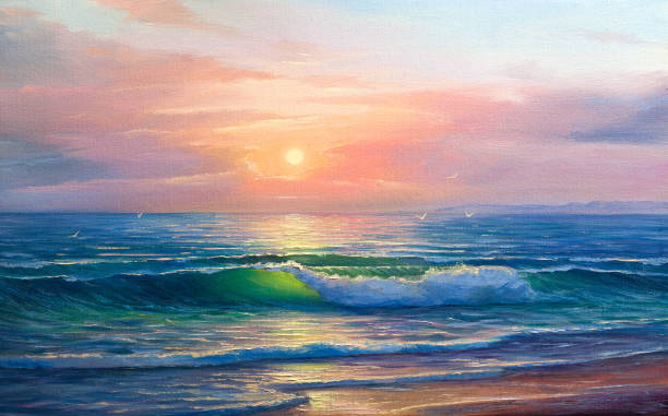 painting seascape Morning on sea, wave, illustration, oil painting on a canvas. seascape stock illustrations
