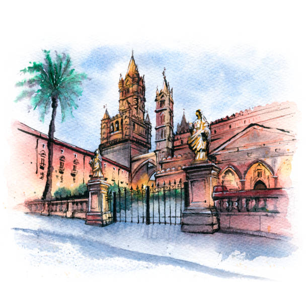 illustrazioni stock, clip art, cartoni animati e icone di tendenza di cattedrale di palermo, sicilia, italia - ferragosto