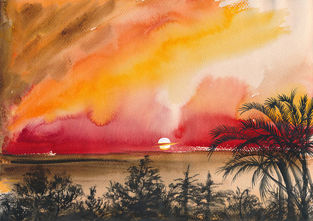 Palm beach sunset vector art illustration