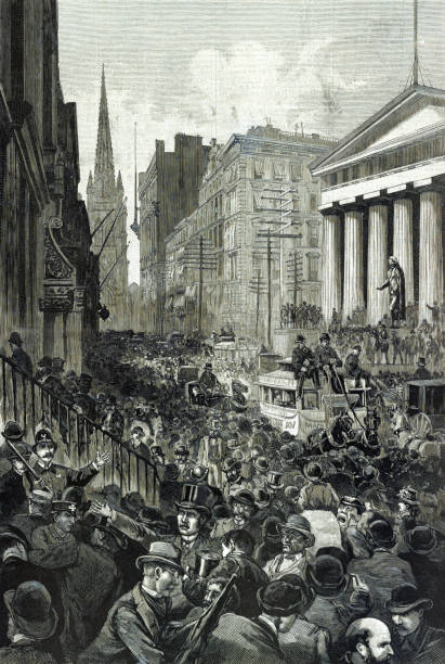 Panic on Wall Street, May 14, 1884 Vintage illustration depicts the economic panic on Wall Street in 1884, turning the Recession of 1882–1885 into a Depression. nyse stock illustrations