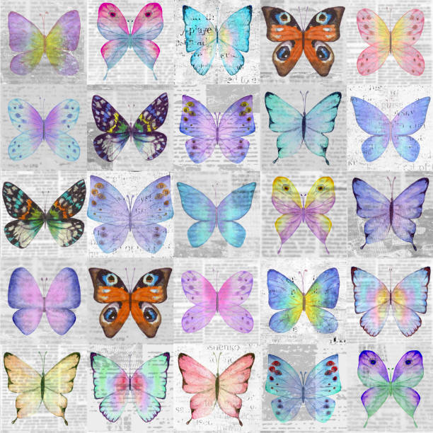Paper grunge newsprint patchwork seamless pattern with colorful watercolor butterflies vector art illustration